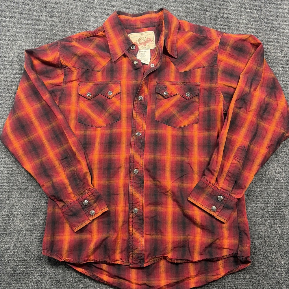 Wrangler Boys Western Shirt Brown Plaid Pearl Snap Long Sleeve Size L 10-12
